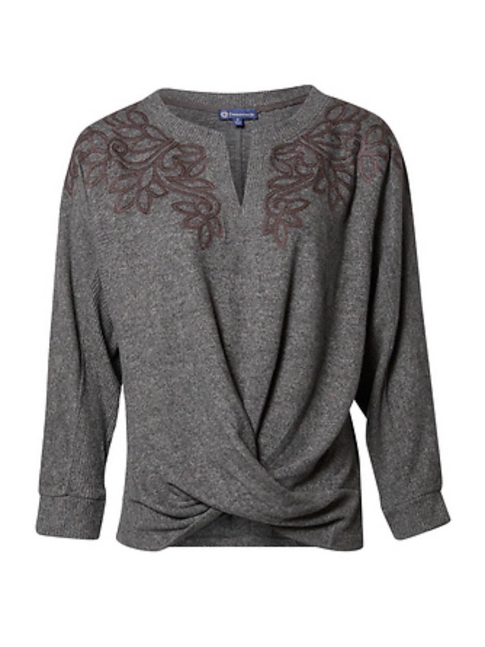 Democracy Split V-neck Sweater Twist Front Hem in Heather Grey. Size 2X Label